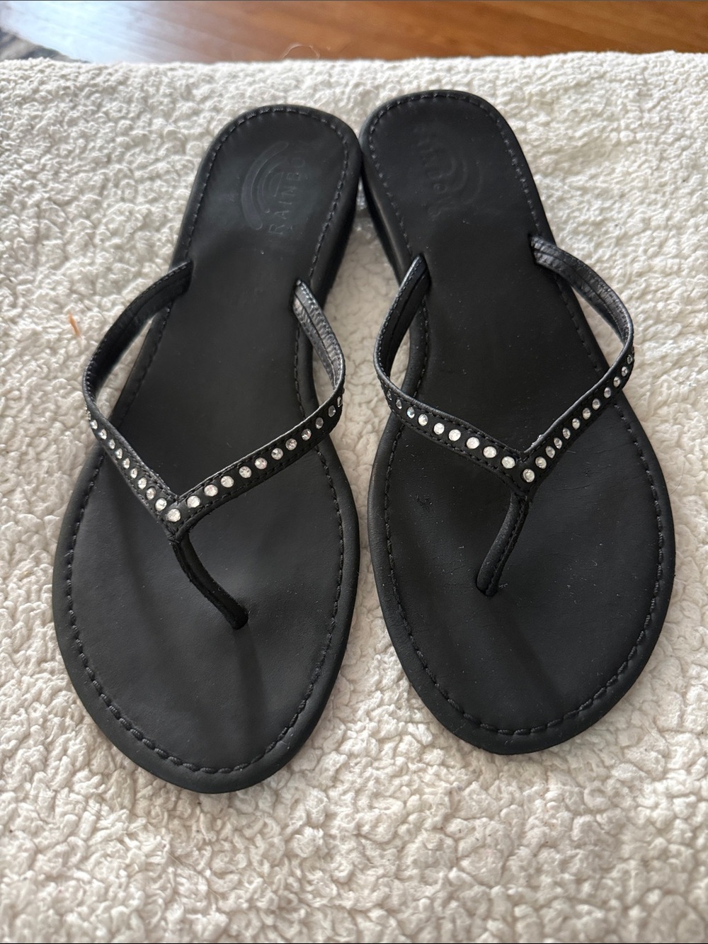 Rainbow Black Rhinestone Thong Sandals